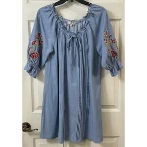 Chelsea & Violet 100% Cotton Blue Embroidered Sleeves Dress Women's Small EUC